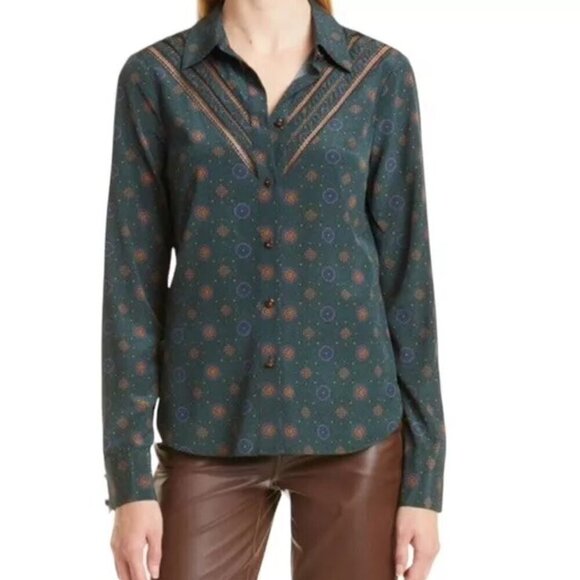Veronica Beard Rowena Silk Button Down in Emerald Green Token Motif Print 8 - Picture 1 of 15